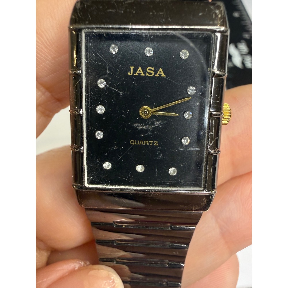 JASA Quartz Watch Black Rectangular Dial Crystal Markers Japan Movt Stainless